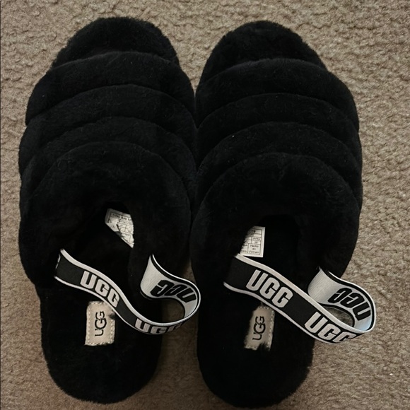 UGG Black Fluffy Slides with Logo Strap - Picture 1 of 4